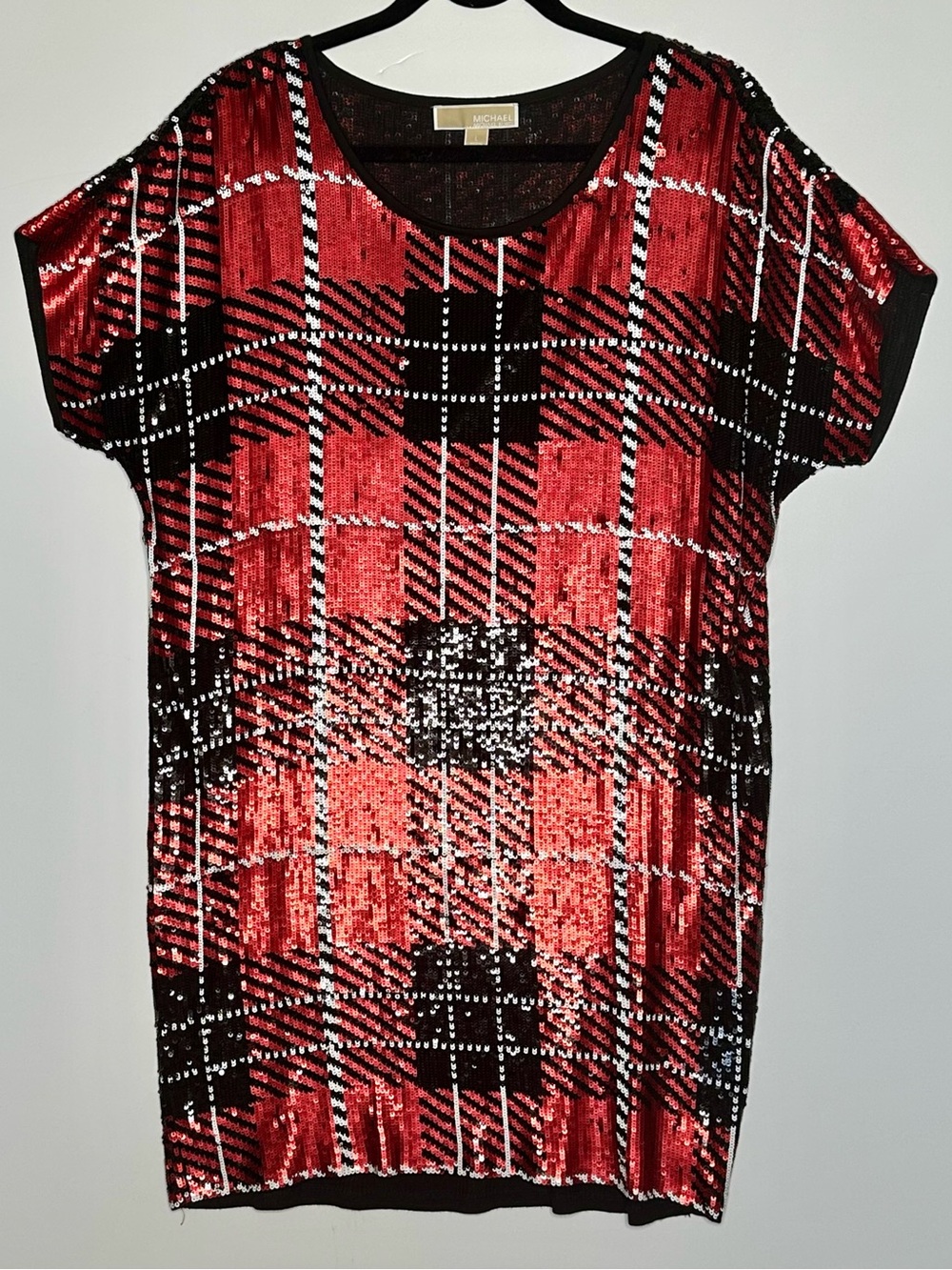 Michael Kors Red and Black Sequin Plaid Tunic Sz L